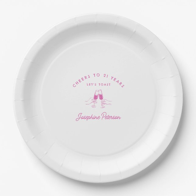 Cheers to 21 Years Pink 21st Birthday Custom Paper Plates (Front)