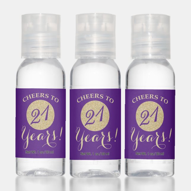 Cheers to 21 Years Royal Purple and Gold Glitter Hand Sanitizer (Set)