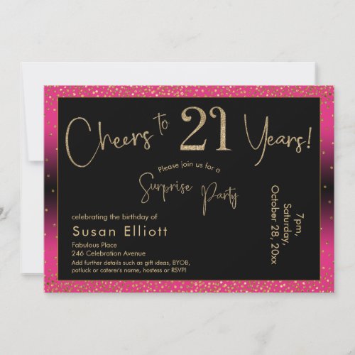 Cheers to 21 Years Surprise Birthday Deep Pink Invitation