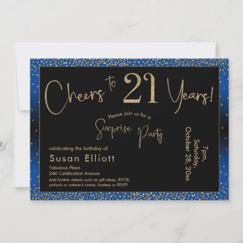 Cheers to 21 Years Surprise Birthday Gold  Blue Invitation