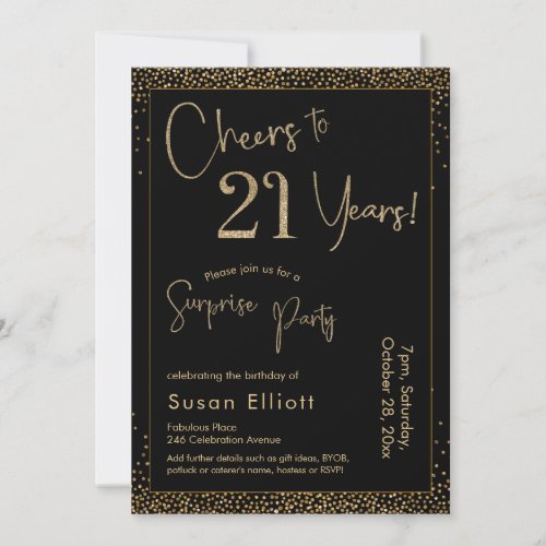 Cheers to 21 Years Surprise Birthday Party Black Invitation