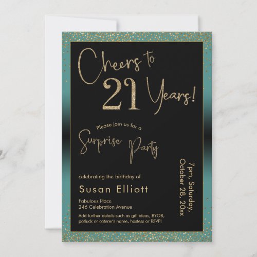 Cheers to 21 Years Surprise Birthday Party Teal Invitation