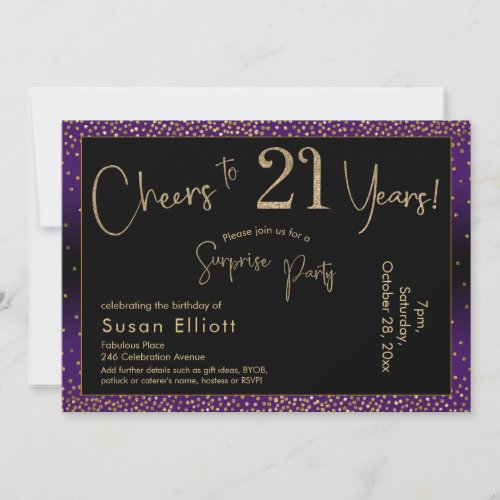 Cheers to 21 Years Surprise Birthday Purple Invitation