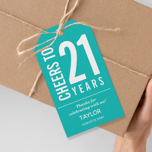 Cheers to 21 Years Turquoise Party Favor Gift Tags