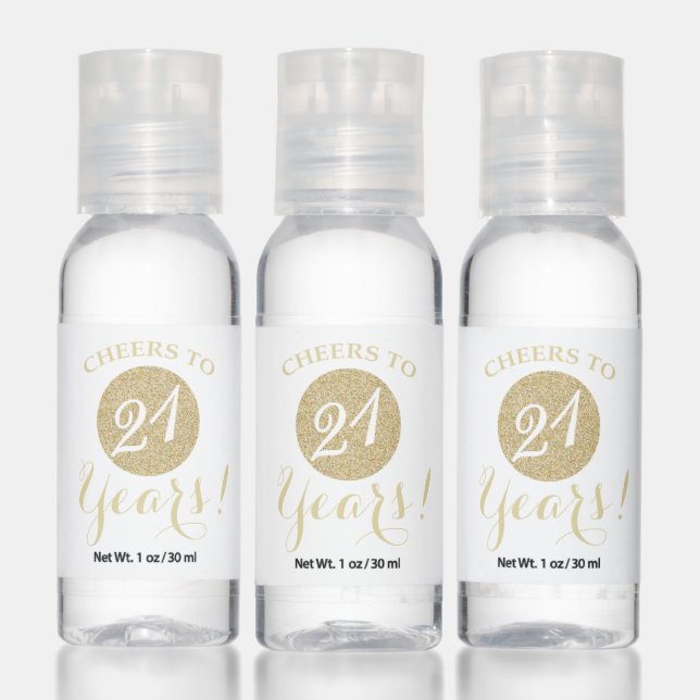 Cheers to 21 Years White and Gold Glitter Hand Sanitizer (Set)