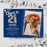 Cheers to 21st Birthday Photo Invitation<br><div class="desc">Celebrate the grand milestone of turning twenty-one with our elegant birthday party invitations. With a customizable trendy blue background, a personal photo spot, and silver accents, these invitations are sure to leave a lasting impression. The silver helium balloon details add a touch of magic, while the modern 21st birthday text...</div>
