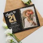 Cheers to 21st Birthday Photo Invitation<br><div class="desc">Celebrate the grand milestone of turning twenty-one with our elegant birthday party invitations. With a customizable trendy black background, a personal photo spot, and golden accents, these invitations are sure to leave a lasting impression. The gold helium balloon details add a touch of magic, while the modern 21st birthday text...</div>