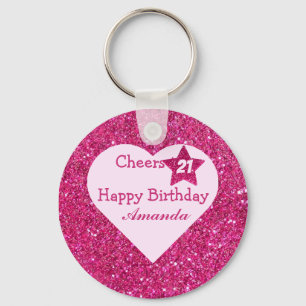Cheers to 21st Birthday Pink Glitter Heart Favors Keychain