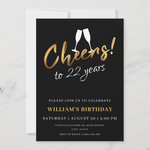 Cheers to 22 Years Gold Black Adult Birthday Photo Invitation