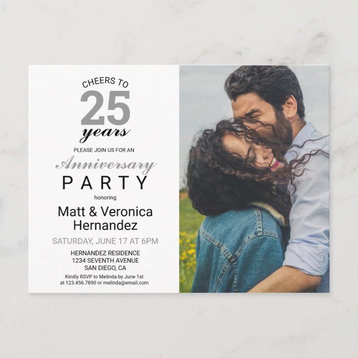 Cheers to 25 Years Silver 25th Anniversary Invita Postcard | Zazzle