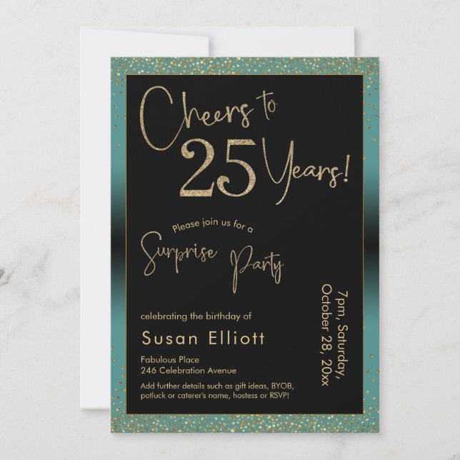 Cheers to 25 Years Surprise Birthday Party, Teal Invitation (Front)