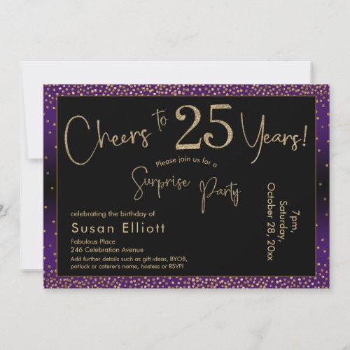Cheers to 25 Years Surprise Birthday Purple Invitation