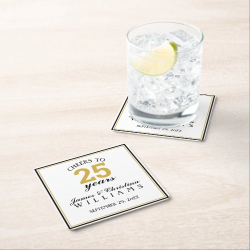 Cheers to 25 Years Wedding Anniversary Gold Square Paper Coaster