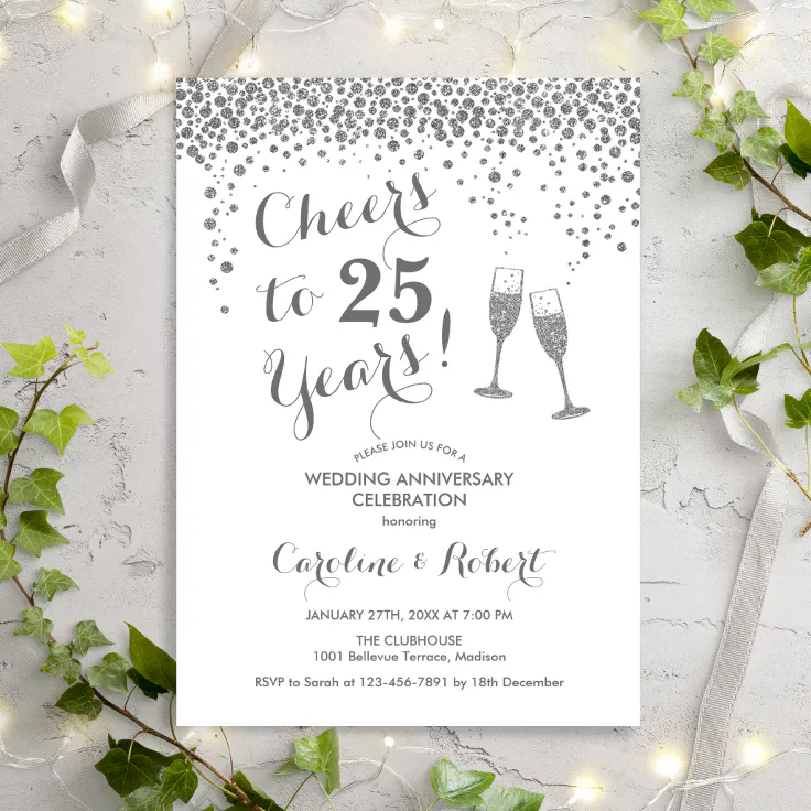 Cheers to 25th Anniversary - Silver White Invitation | Zazzle