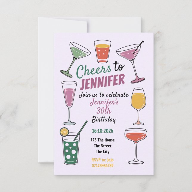 Cheers to 30 Colorful Cocktail-Themed 30th Birthda Invitation (Front)