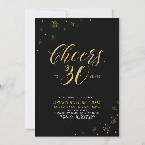 Cheers to 30  Gold  Black 30th Birthday Party Invitation