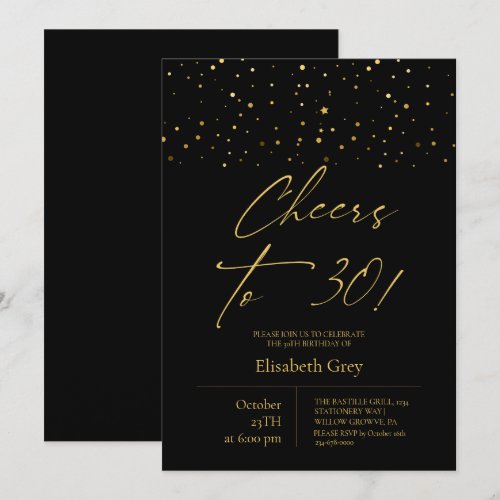 Cheers to 30⎮Gold Black Modern 30th Birthday Invitation