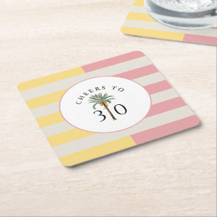 Cheers to 30 Palm Beach Tropical Stripe Square Paper Coaster