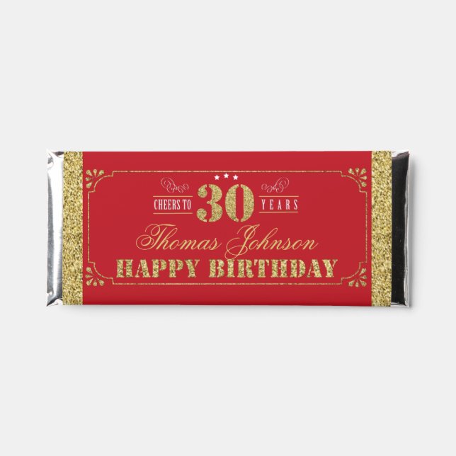 Cheers To 30 Years 30th Birthday Party Red & Gold Hershey Bar Favors (Front)