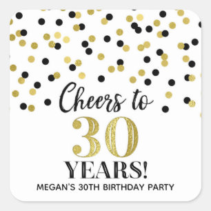 Cheers to 30 Years Birthday Black Gold Confetti Square Sticker