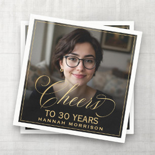 Cheers to 30 Years Birthday Photo Gold Black Napkins