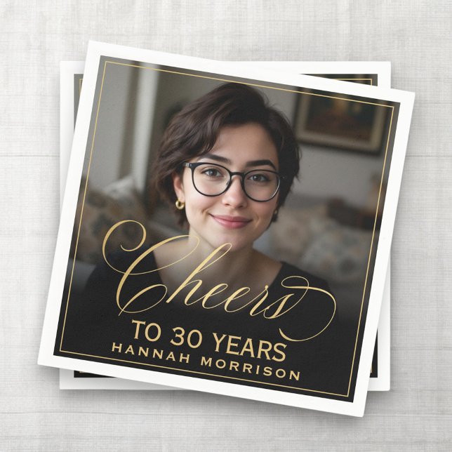 Cheers to 30 Years Birthday Photo Gold Black Napkins (Creator Uploaded)