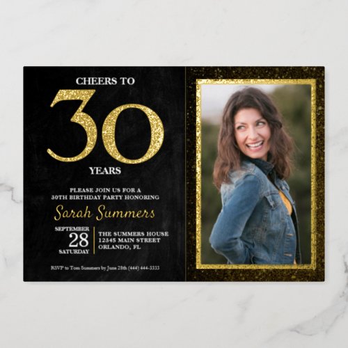 Cheers to 30 Years Black Gold 30th Birthday Foil Invitation