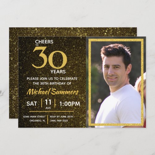 Cheers to 30 Years Black Gold 30th Birthday Invitation