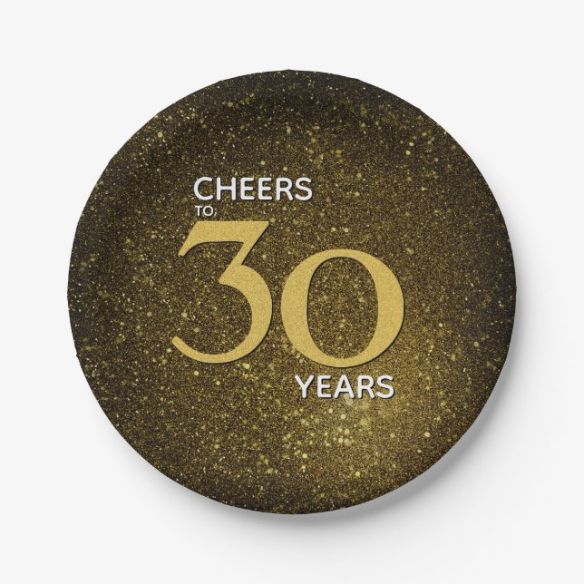 Cheers to 30 Years Black Gold 30th Birthday Paper Plates (Front)