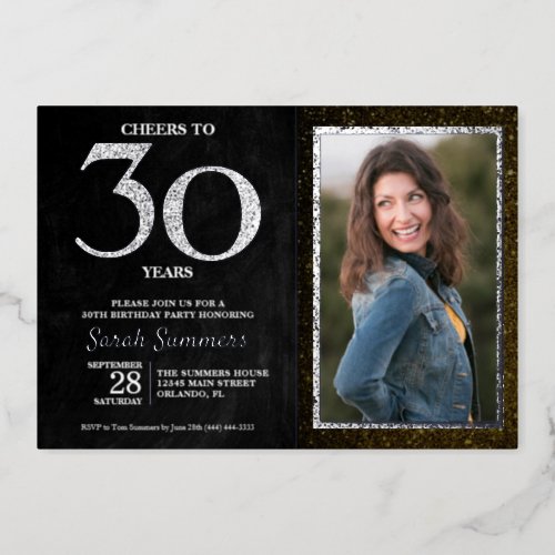 Cheers to 30 Years Black Silver 30th Birthday Foil Invitation