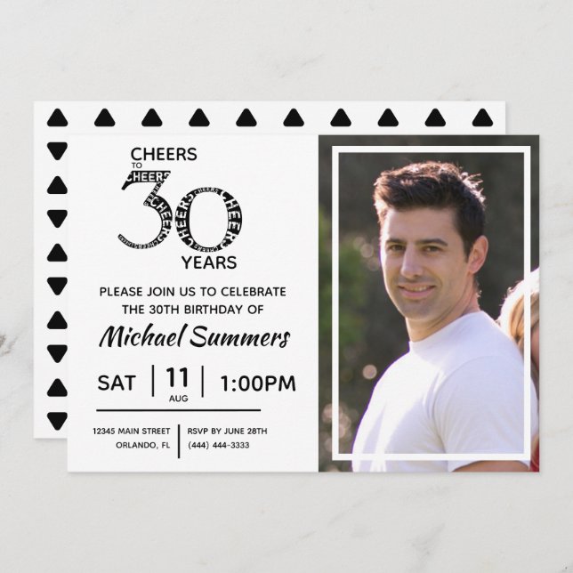 Cheers to 30 Years Black White 30th Birthday Invitation (Front/Back)