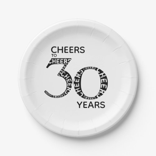 Cheers to 30 Years Black White 30th Birthday Paper Plates