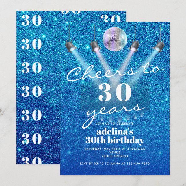 Cheers to 30 Years Blue Glam Disco Retro Birthday Invitation (Front/Back)
