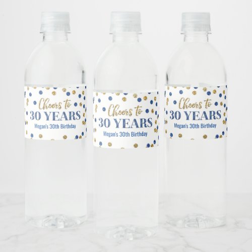 Cheers to 30 Years Blue Gold Confetti Birthday Water Bottle Label