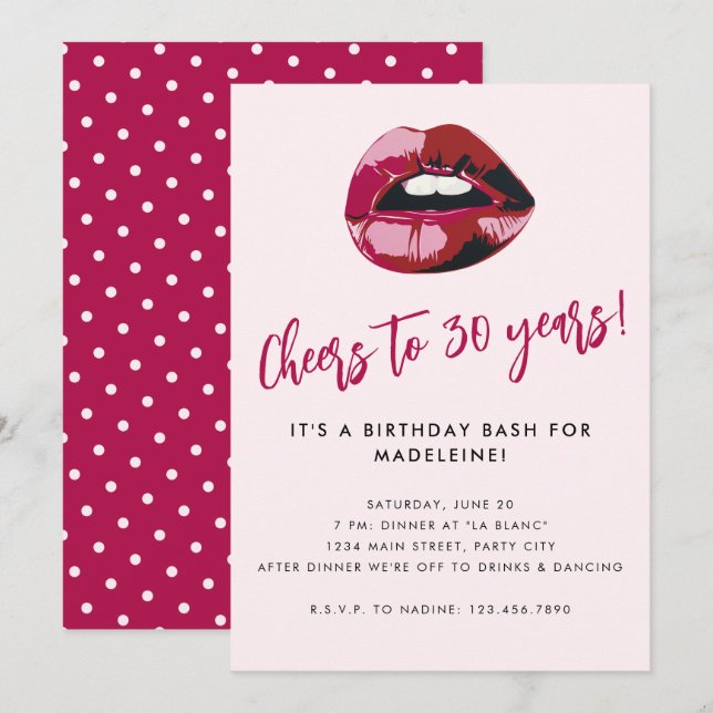 Cheers to 30 Years Bold Pink Lips Birthday Invitation (Front/Back)