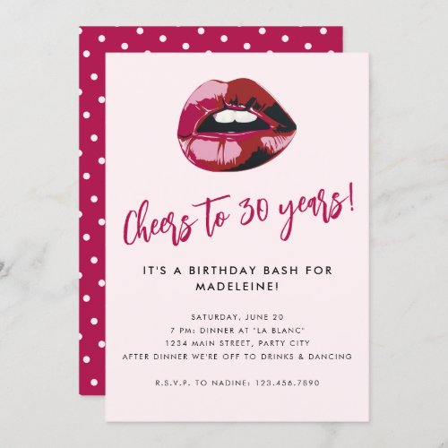 Cheers to 30 Years Bold Pink Lips Birthday Invitation