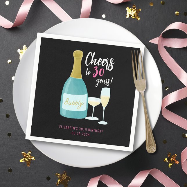 Cheers to 30 years bubbly 30th birthday party napkins (Cheers to 30 years, 30th birthday champagne illustrated paper napkins.)