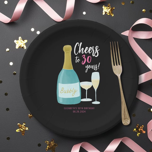 Cheers to 30 years bubbly 30th birthday party paper plates (Cheers to 30 Years, 30th birthday party plates & bowls with champagne illustration.)