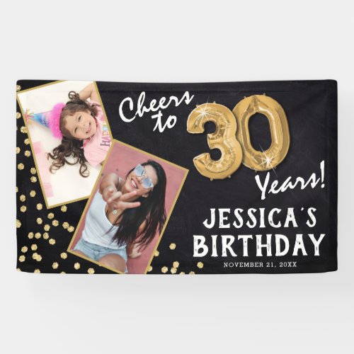 Cheers to 30 Years Gold Balloon 2 Photo Birthday Banner