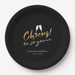 Cheers to 30 Years Gold Black Adult Birthday Photo Paper Plates