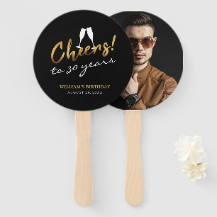 Cheers to 30 Years Gold Black Photo Adult Birthday Hand Fan