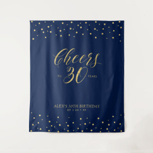 Cheers to 30 years   Gold & Navy Birthday Party Tapestry