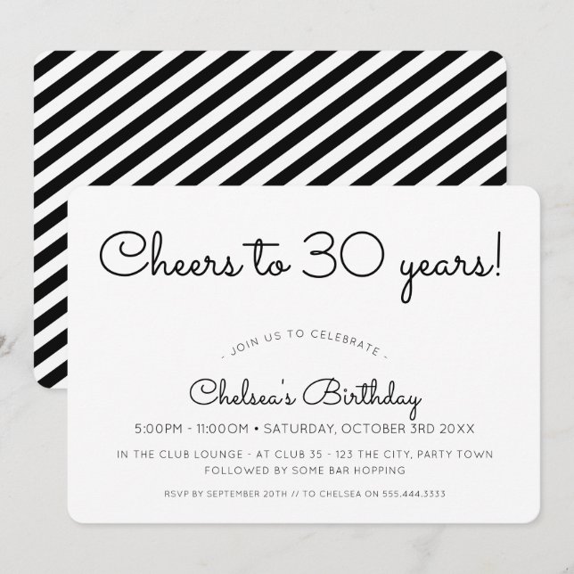 CHEERS TO 30 YEARS modern minimal party black Invitation (Front/Back)