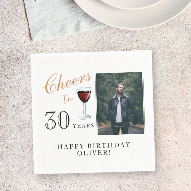 Cheers to 30 Years Red Wine 30th Birthday Photo Napkins (Creator Uploaded)