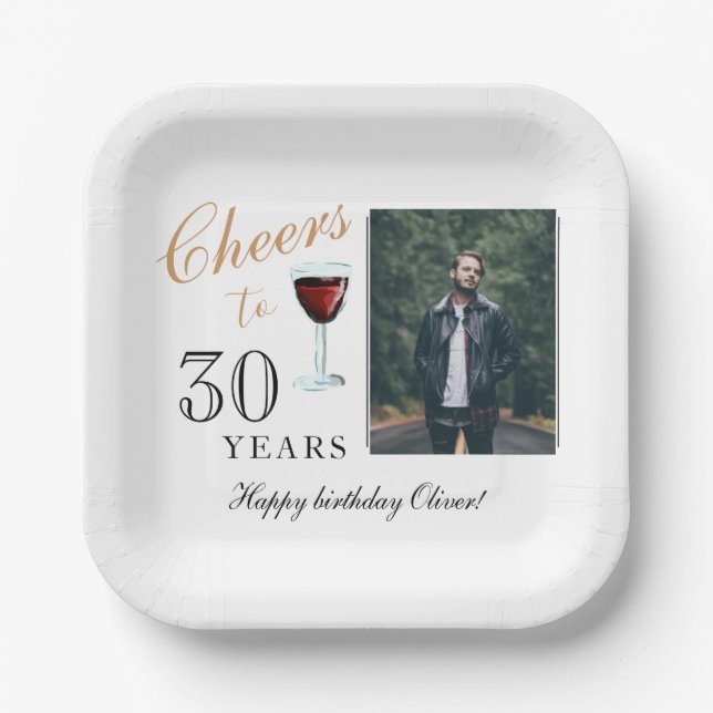 Cheers to 30 Years Red Wine 30th Birthday Photo Paper Plates (Front)