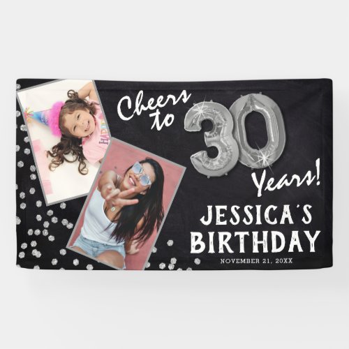 Cheers to 30 Years Silver Balloon 2 Photo Birthday Banner