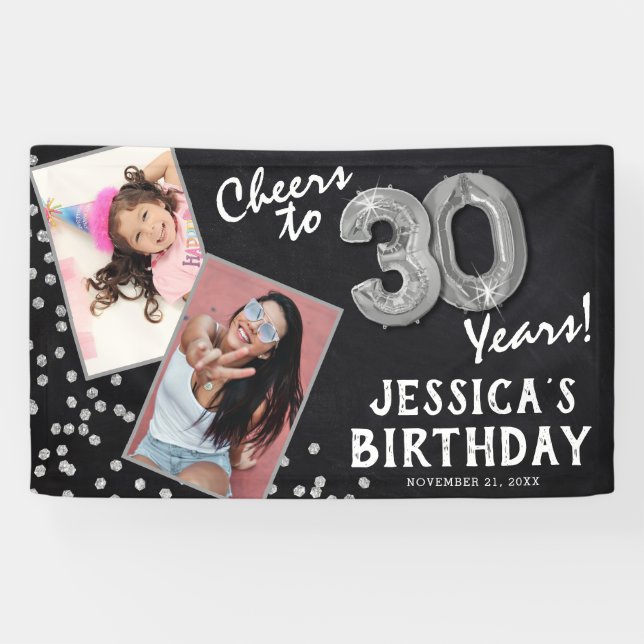 Cheers to 30 Years Silver Balloon 2 Photo Birthday Banner (Horizontal)