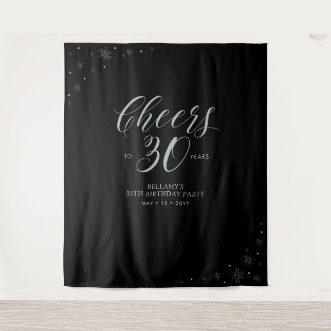 Cheers to 30 years | Silver & Black Birthday Party Tapestry (Front)