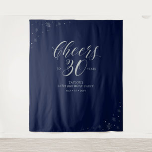 Cheers to 30 years Silver & Navy Birthday Party Tapestry