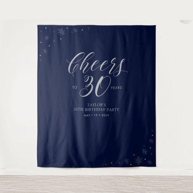 Cheers to 30 years | Silver & Navy Birthday Party Tapestry (Front)